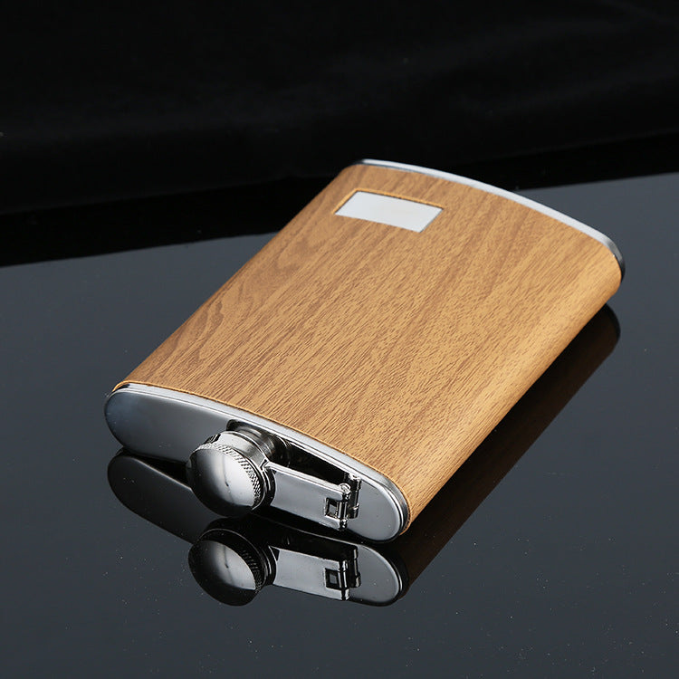 Stainless steel wood grain hip flask set