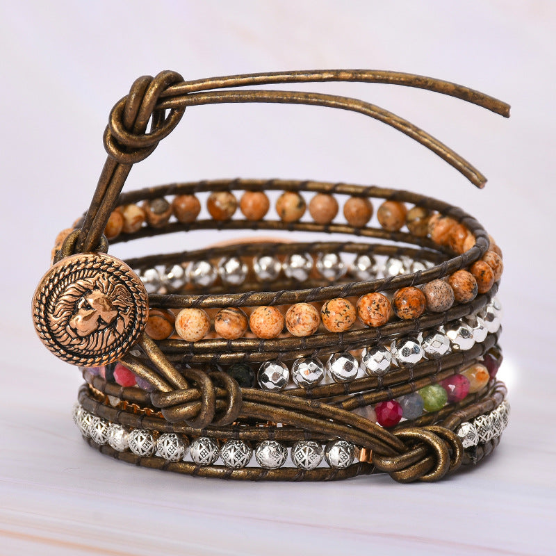 Hot Selling Natural Picture Stone 5 Circle Winding Leather Bracelet