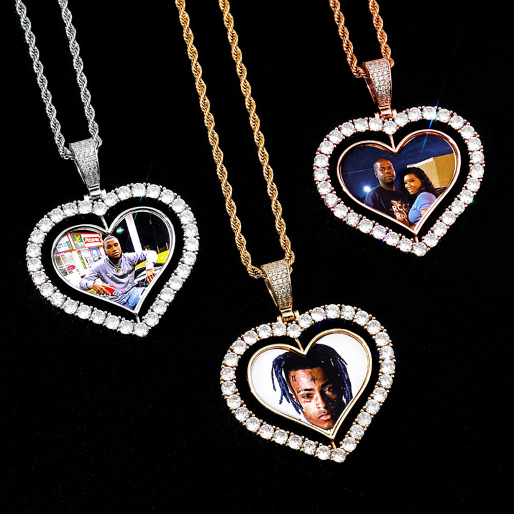 Rotating Double-sided Love Photo Custom Inlaid Zircon Solid Pendant