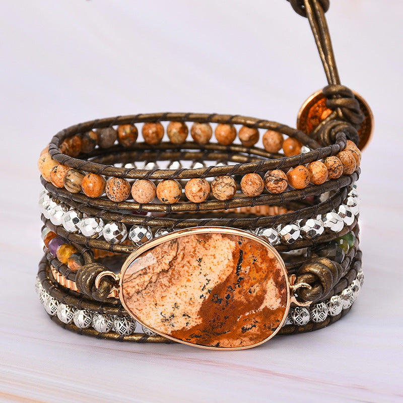 Hot Selling Natural Picture Stone 5 Circle Winding Leather Bracelet