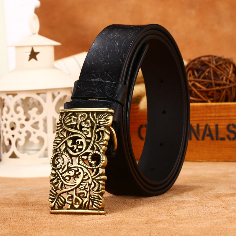 Ladies Leather Engraved With Hollow Buckle Printed Cowhide Belt