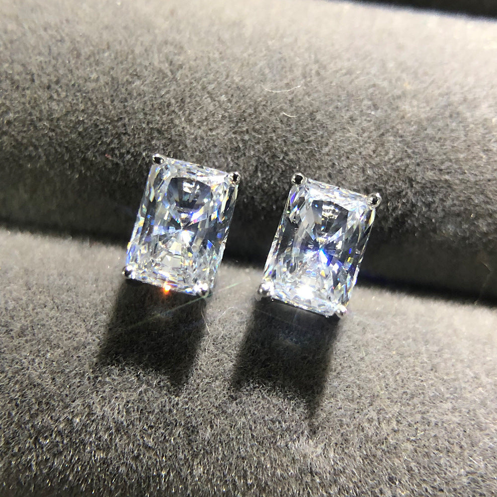 New Rectangular Four-claw Diamond Zircon Earrings