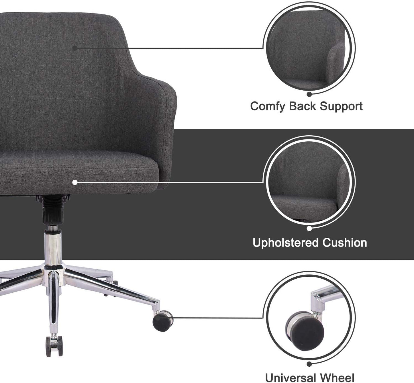 Home Office Chair Upholstered Mid Back Support Swivel Computer Desk Task Chairs Adjustable Height with Armrests