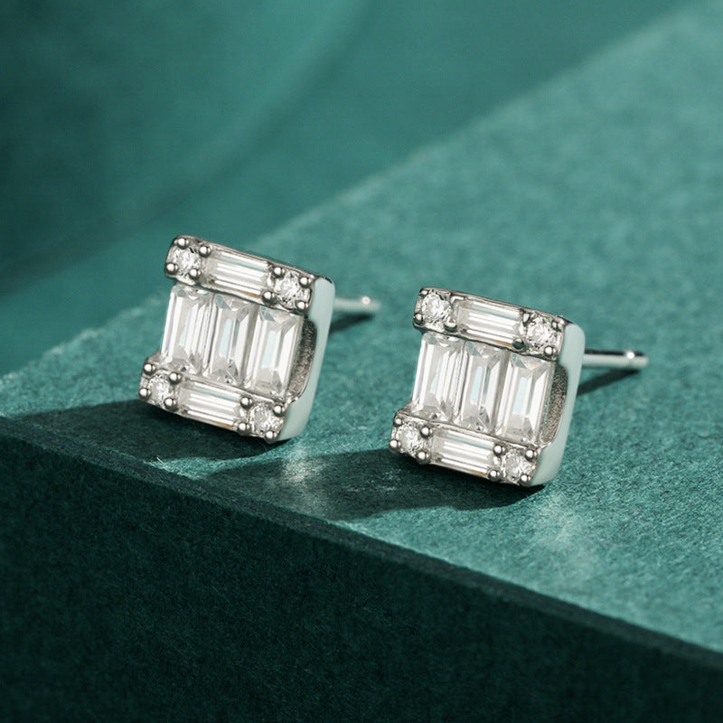 S925 Sterling Silver Light Luxury And High-end Square Full-set Earrings