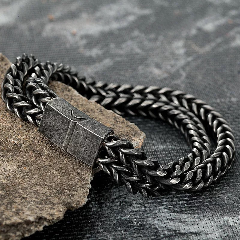 Black Vintage Mens Bracelet Punk Double Chain Stainless Steel