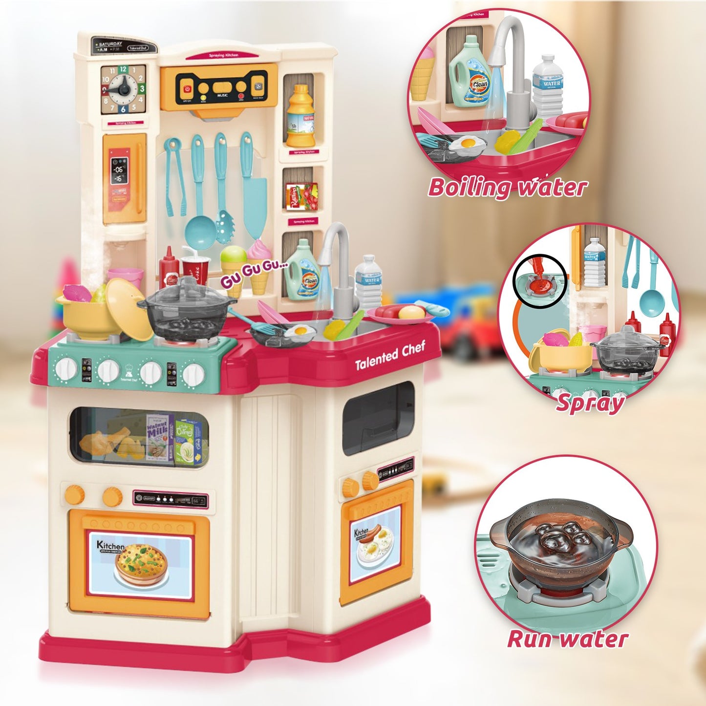 Role Play Kids Kitchen Playset With Real Cooking Spray And Water Boiling Sounds