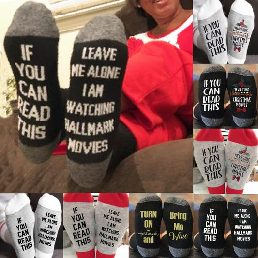 New Funny Winter Creative Art Lettered Wine Socks Xmas Gift If You Can Read Watching Christmas Movies Home