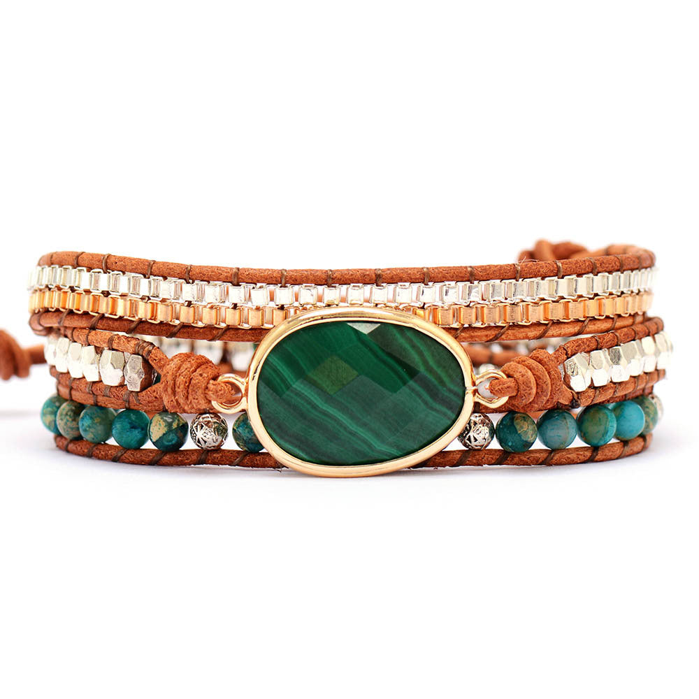 Natural Malachite 3 Circles Winding Leather Chain Bracelet Fashion Jewelry