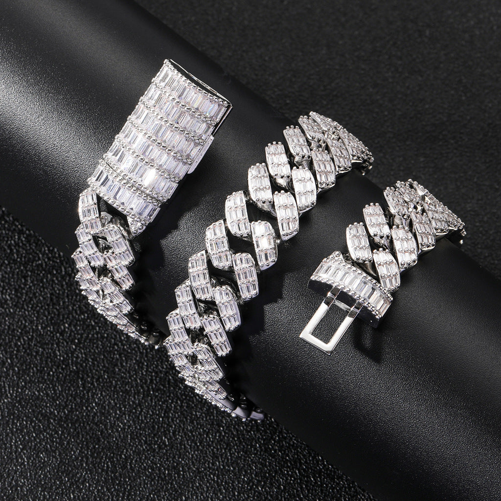 Wide Cubic Zircon Rhombus Cuban Chain Flap Buckle Men