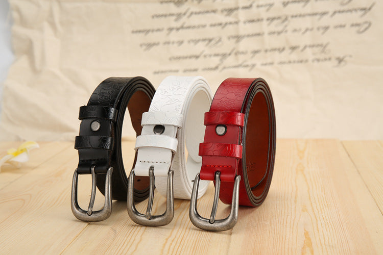 All-match Ladies Cowhide Embossed Leather Belt