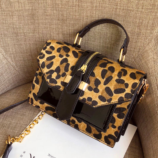 Leopard Crossbody Bags For Women With Zipper Decoration Ladies Chain Handbags And Purses Patent Leather Small Shoulder Bag