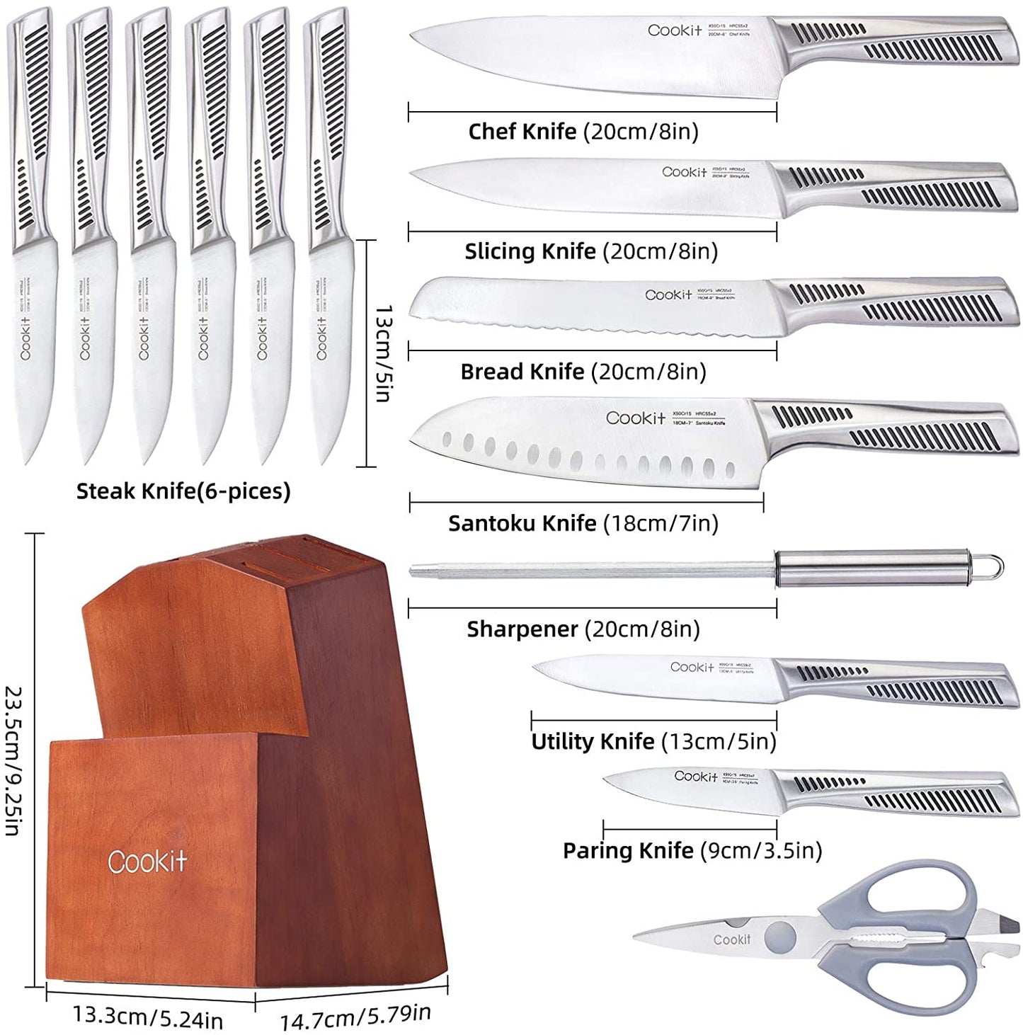 Kitchen Knife Set, 15 Piece Knife Sets with Block Chef Knife Stainless Steel Hollow Handle Cutlery with Manual Sharpener Amazon Platform Banned