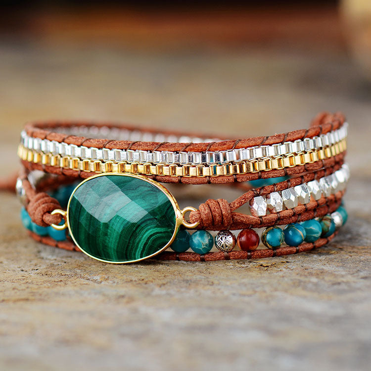 Natural Malachite 3 Circles Winding Leather Chain Bracelet Fashion Jewelry