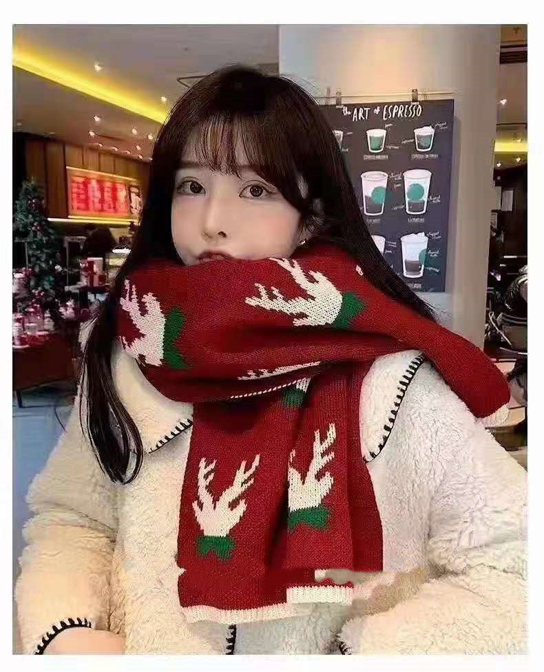 New Knitted Elk Christmas Scarf Fashion Versatile Warm Red Student Lover