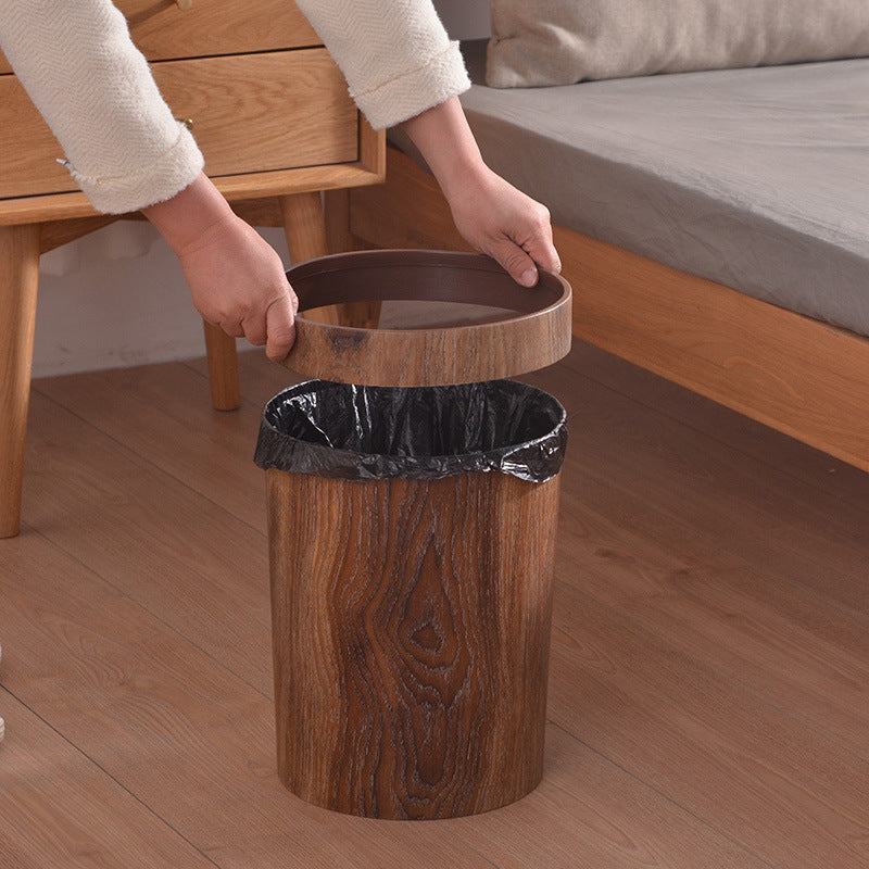 Household Fashion Retro Round Wood Grain Trash Can