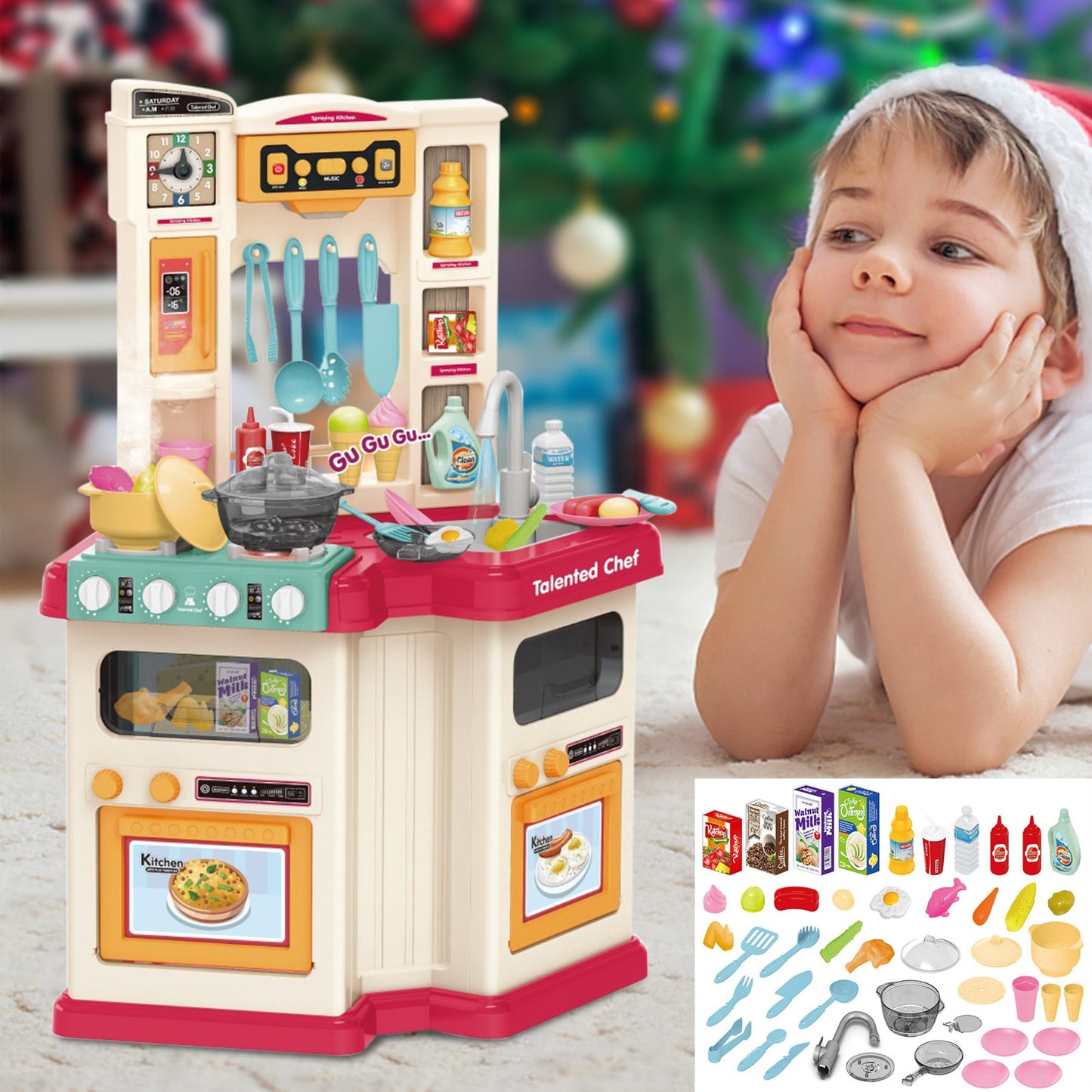 Role Play Kids Kitchen Playset With Real Cooking Spray And Water Boiling Sounds