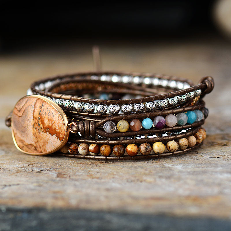 5-layer Egg-shaped Natural Picture Stone Cowhide Bracelet