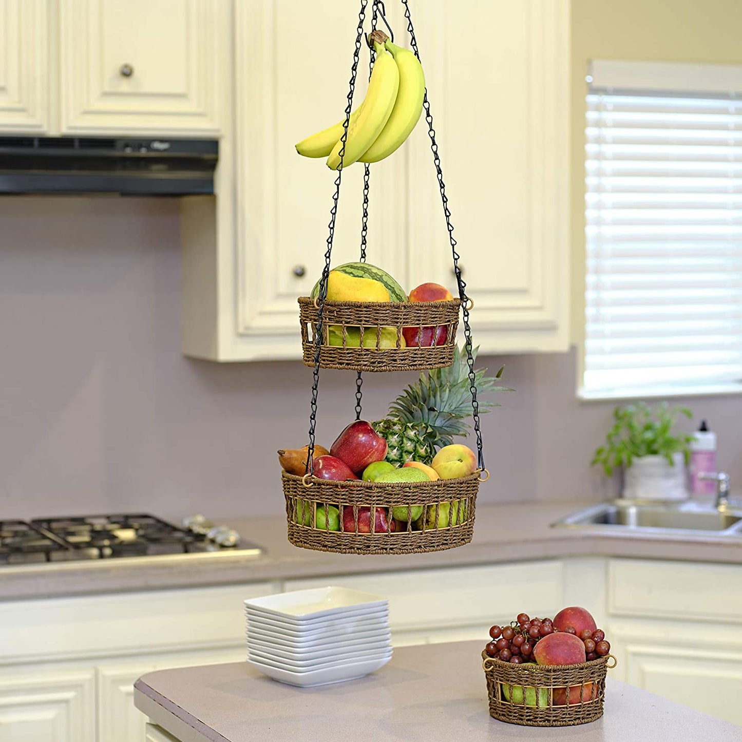 3 Tier Hanging Fruit Basket Wicker Vegetable Storage And Fruit Organizer With Banana Holder