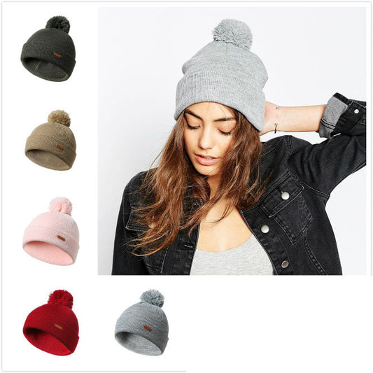 Pure Color Warm Knitted Women's Hood With Wool Ball