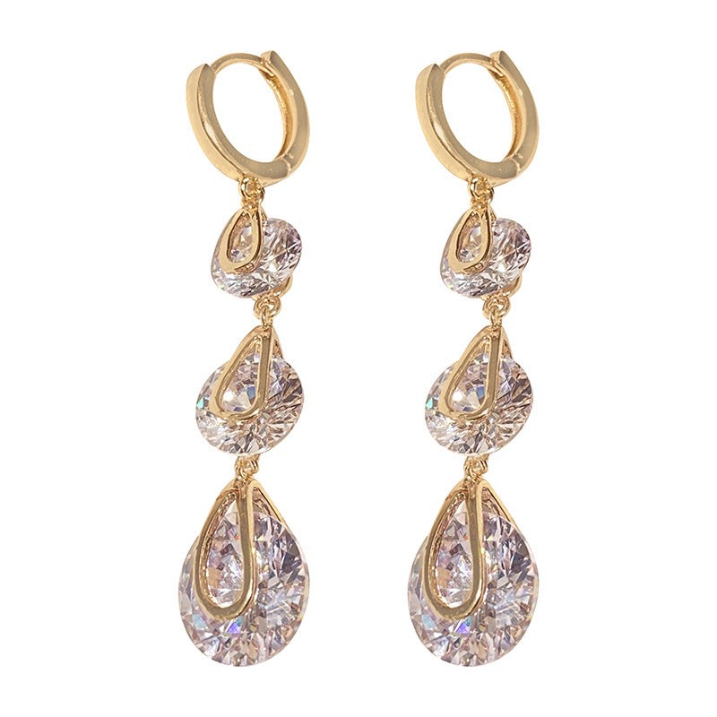 Golden Super Flashing String Of Large Zircon Link Earrings Retro Niche Crystal Tassels