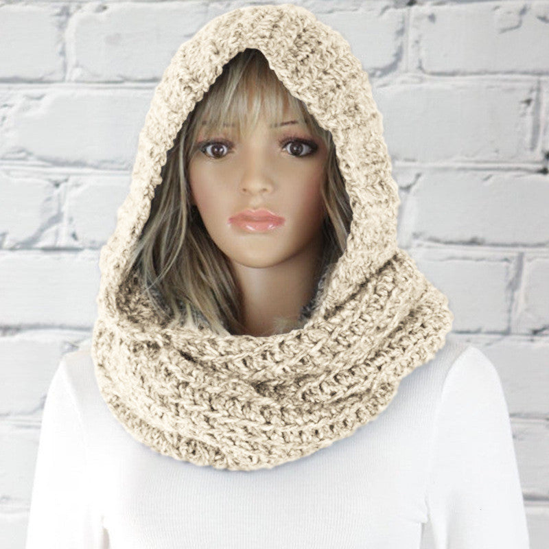 European And American Amazon Fashion Hooded Bib Women Pure Color Woolen Knitted Scarf