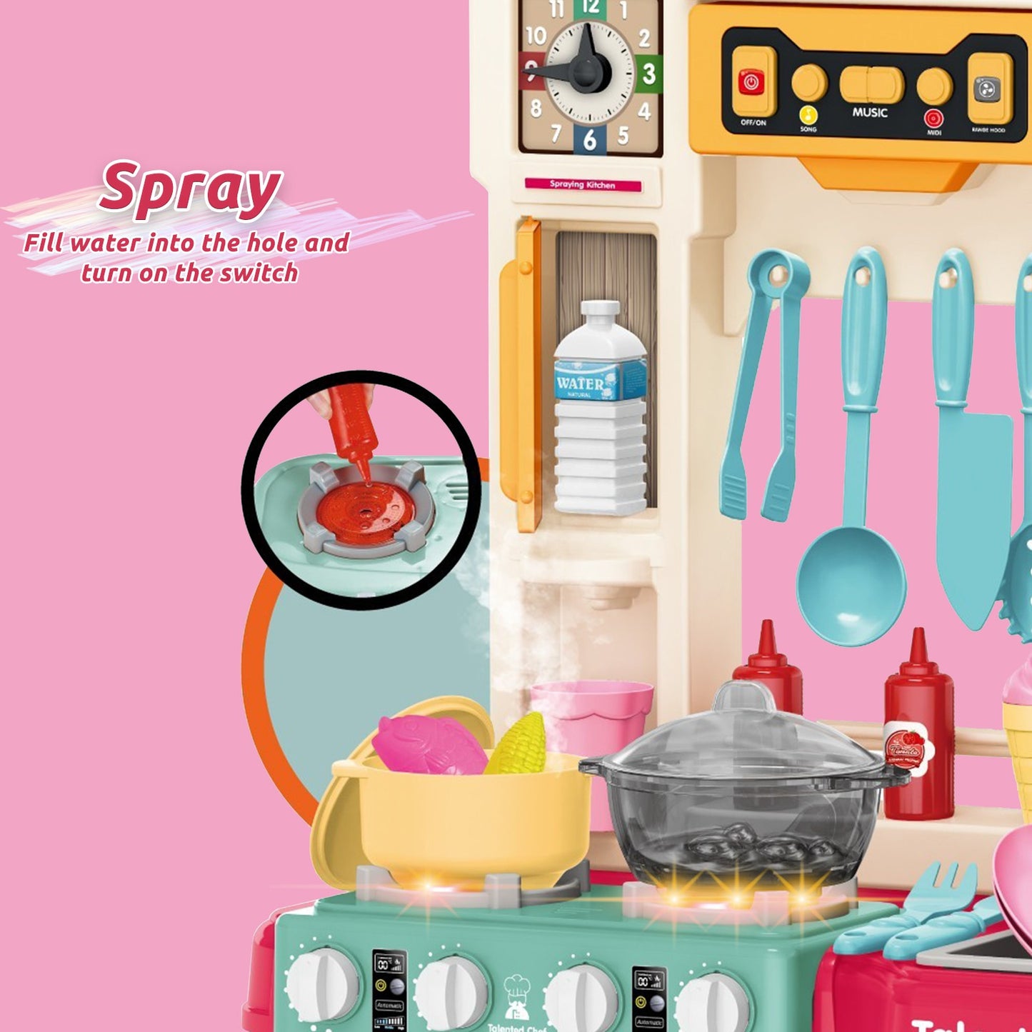 Role Play Kids Kitchen Playset With Real Cooking Spray And Water Boiling Sounds