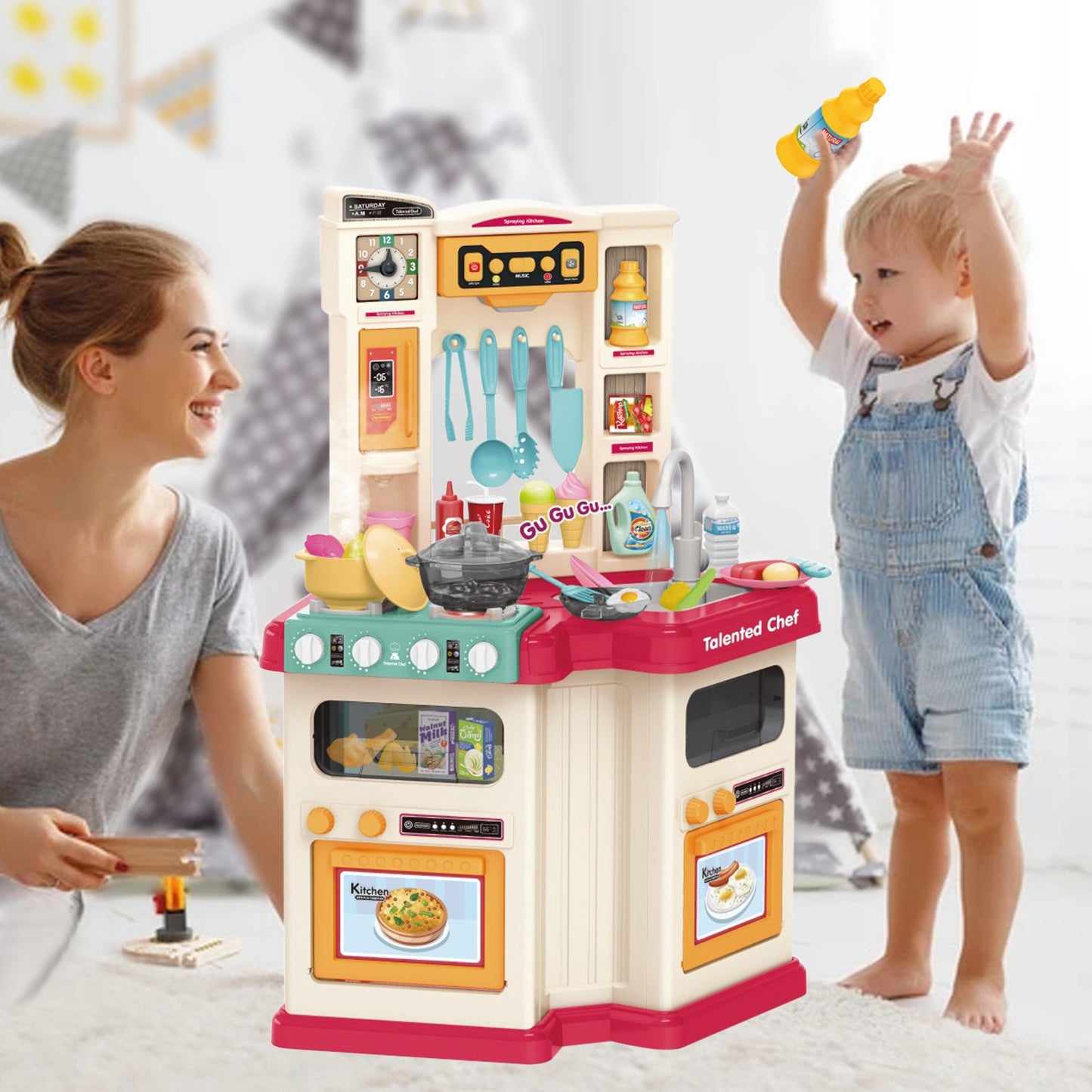 Role Play Kids Kitchen Playset With Real Cooking Spray And Water Boiling Sounds