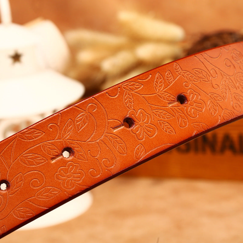 Ladies Leather Engraved With Hollow Buckle Printed Cowhide Belt