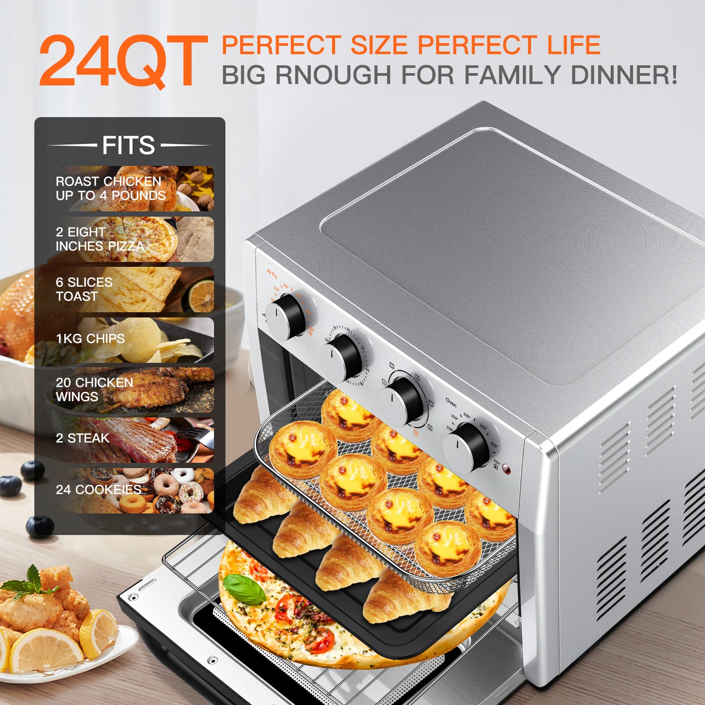 GRILL Reinigung Air Fryer Toaster Oven 24 Quart - 7-In-1 Convection Oven With Air Fry, Roast, Toast, Broil & Bake Function For Countertop Kitchen Appliances For Cooking Chicken, Steak Pizza