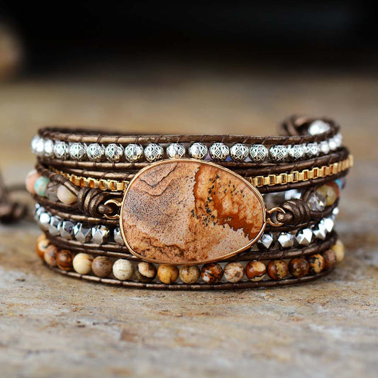 5-layer Egg-shaped Natural Picture Stone Cowhide Bracelet